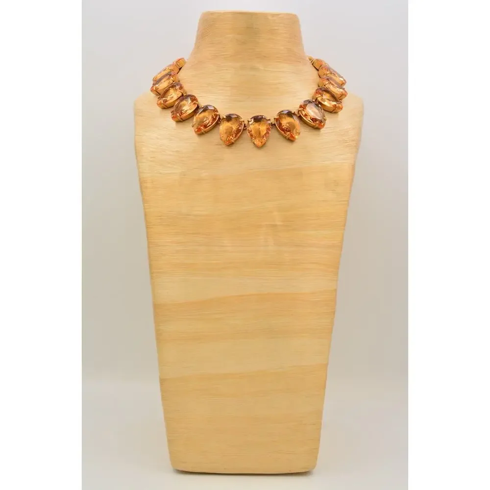J.Crew Vintage Orange Crystal Teardrop Gold Statement Necklace Chunky Heavy BinY
